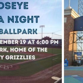 Two photos side-by-side of the GCS Stadium field and front entrance. Words in the foreground of the ball field, MindsEye Trivia Night at the Ballpark, Saturday, September 19 at 6:00 PM, GCS Ballpark, Home of the Gateway Grizzlies
