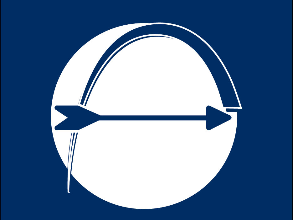 A white circle with a blue pointed arch with an arrow shooting through the middle