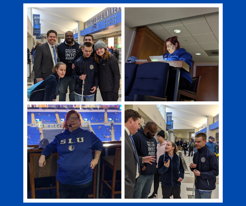 Four square photos. 1. Matt, Jason, Andrew, and his friends pose under a Saint Louis University sign. 2. Sue sits at a table in a suite wearing a headset. 3. The arena filled with blue seats behind Sue wearing a SLU sweatshirt. 4. Matt and Jason talk with Andrew and his friend. 
