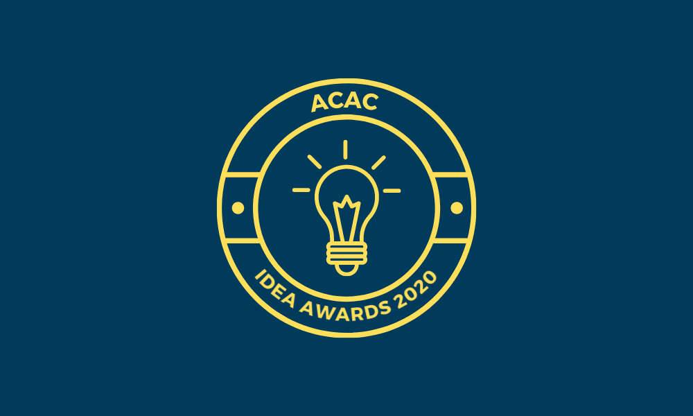 A yellow lightbulb in the center of a double circle on a navy background. Curved text above and below read, ACAC IDEA Awards 2020.