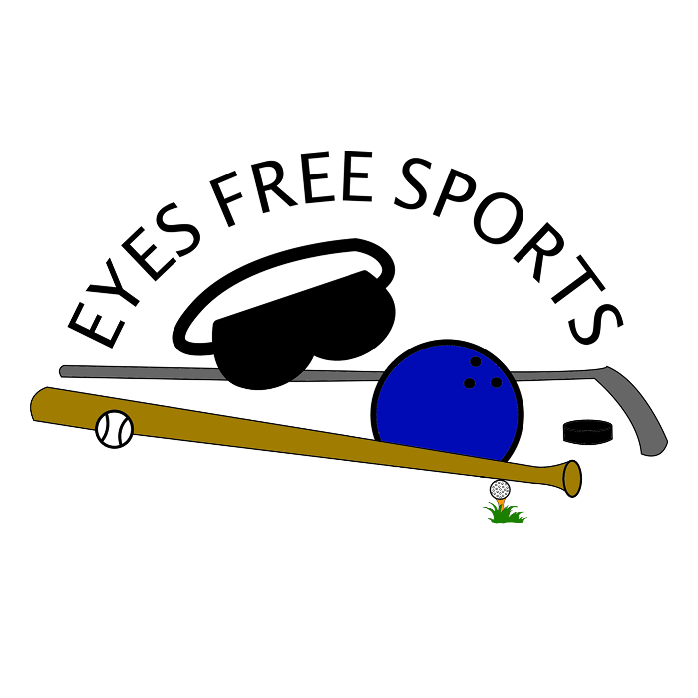 Eyes Free Sports. Image of bat, hockey stick, blindfold, and bowling ball