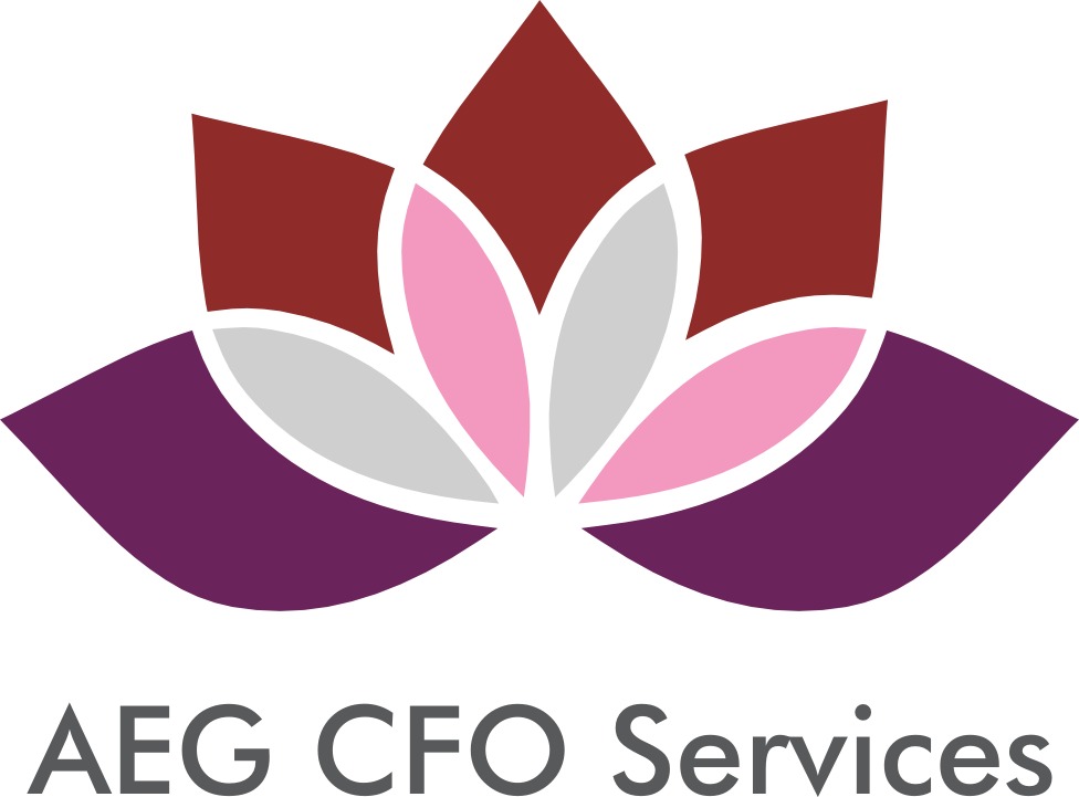 Logo: AEG CFO Services, a graphic of a lotus flower in red, pink, purple, and grey.