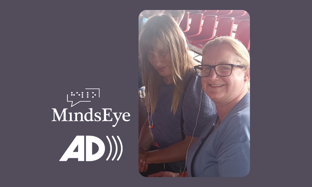 Photo of Nikki and Jessica listening to Audio Description, MindsEye and AD logos