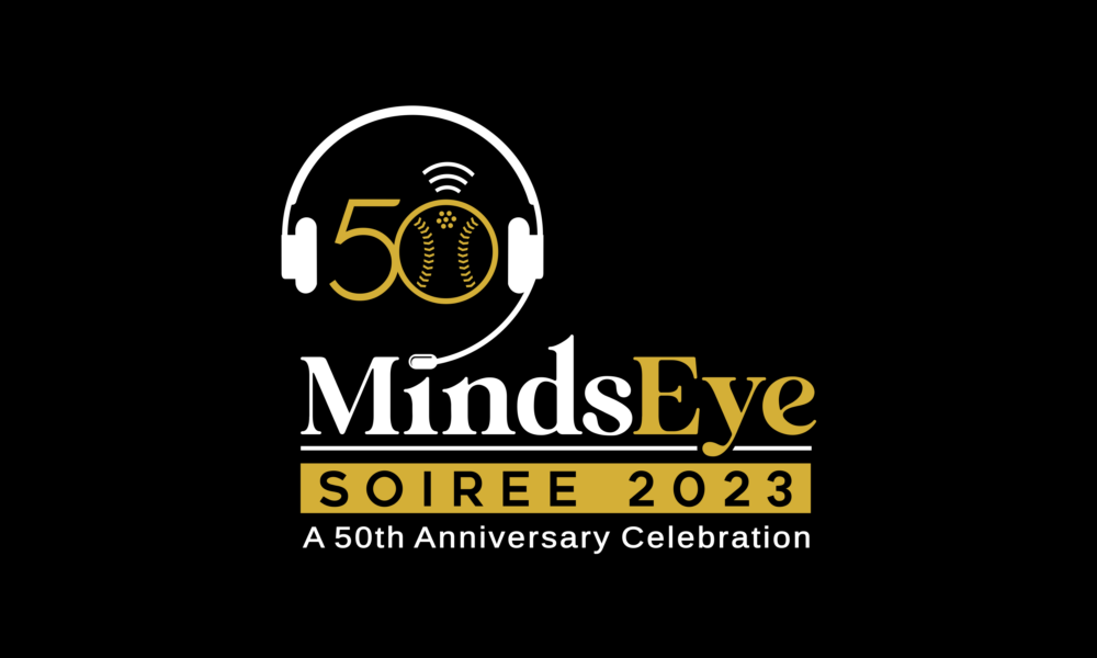 Logo including Audio Description headset with BeepBall forming the zero in fifty. Text: MindsEye Soiree 2023 a 50th Anniversary Celebration
