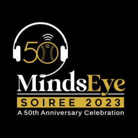 Logo including Audio Description headset with BeepBall forming the zero in fifty. Text: MindsEye Soiree 2023 a 50th Anniversary Celebration