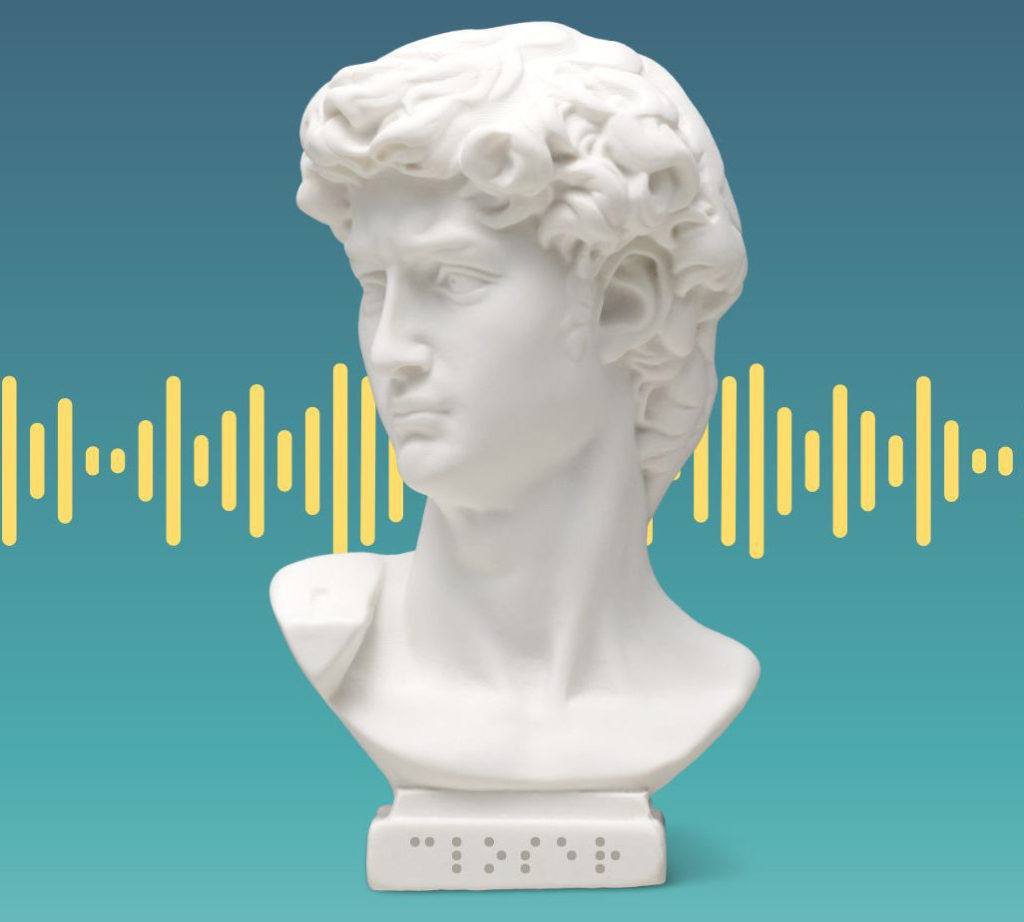 A white marble bust of a curly-haired man. The word “Closer” is in Braille on the base. A yellow soundwave behind him.