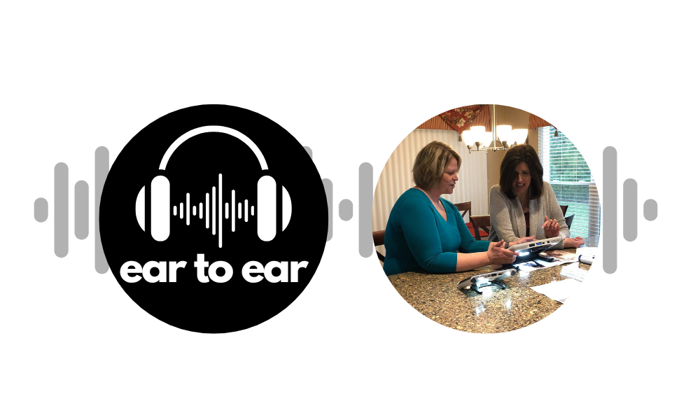 Ear to Ear logo and photo of Dr. Jennifer working with an OT patient in her home.