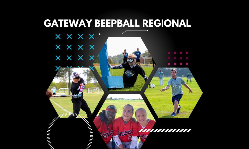 Four hexagons with BeepBall photos; a player sliding into a base, a batter, a pitcher, and 3 smiling players. Text, Gateway BeepBall Regional.
