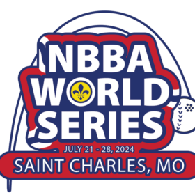 logo: An arch with a beepball at one end. Text, NBBA World Series, July 21-28, 2024, Saint Charles, MO.
