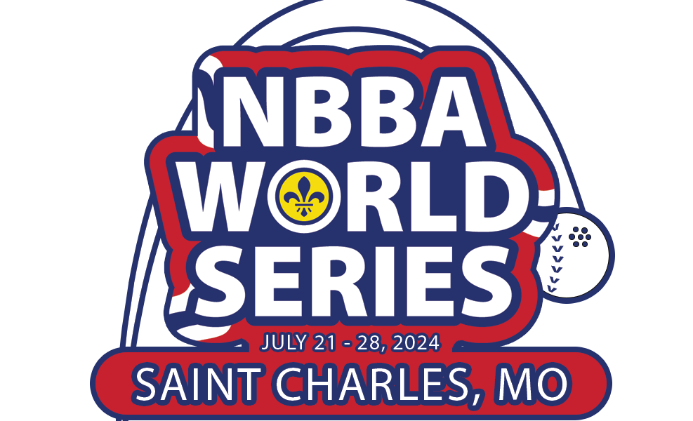 logo: An arch with a beepball at one end. Text, NBBA World Series, July 21-28, 2024, Saint Charles, MO.