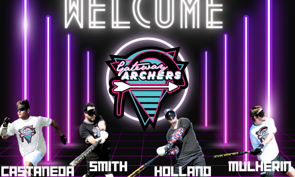 Graphic of Archers Ricky, David, Justin, and Nick with Neon background
