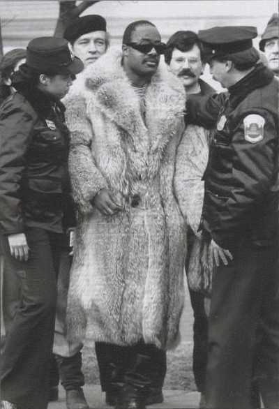 Photo of Stevie Wonder being arrested during an apartheid protest.