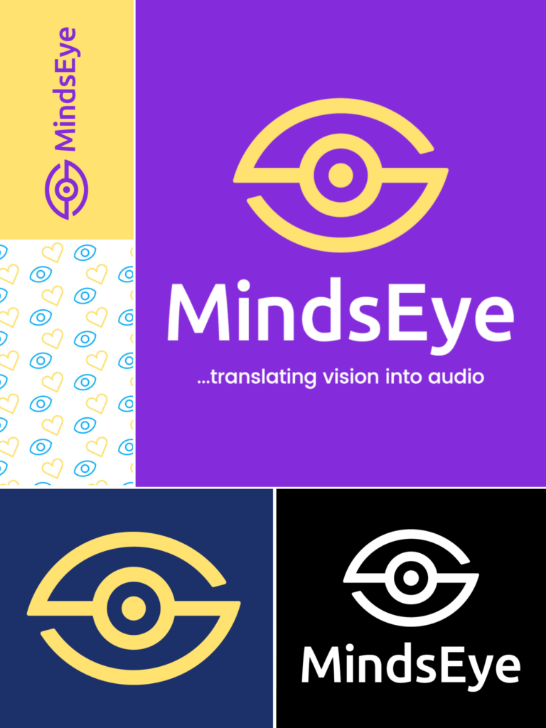 A collage of the different variations of the new MindsEye logo, in purple, navy blue, yellow, and black and white.