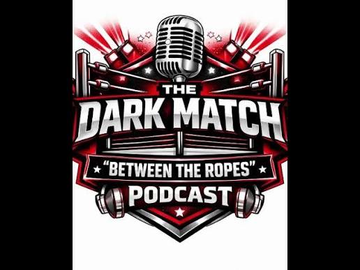 A red Banner with microphone and the podcast text Dark Match Between the Ropes Podcast